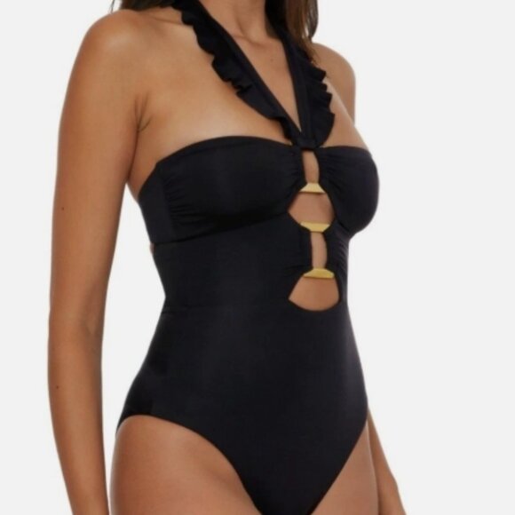 NWT! Soluna Black Ruffle Cutout Hardware One Piece Swimsuit NEW! - Picture 4 of 5